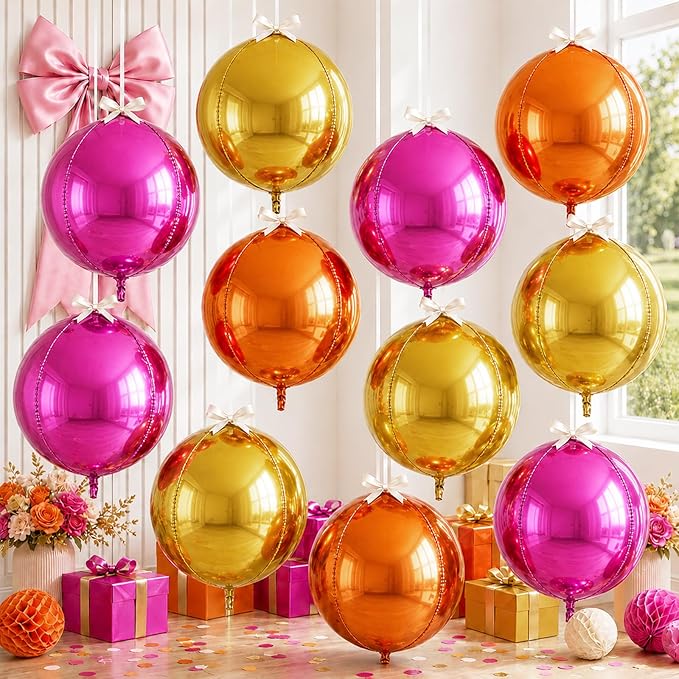 9 Pcs Pink Orange Gold Round Foil Balloons 22 In Metallic Hot Pink Gold Orange by Froova