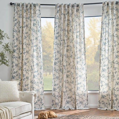 Blue Floral Linen Lined Curtains Rod Pocket 50W X 90L 2 Panels | Charlotte - Image 7