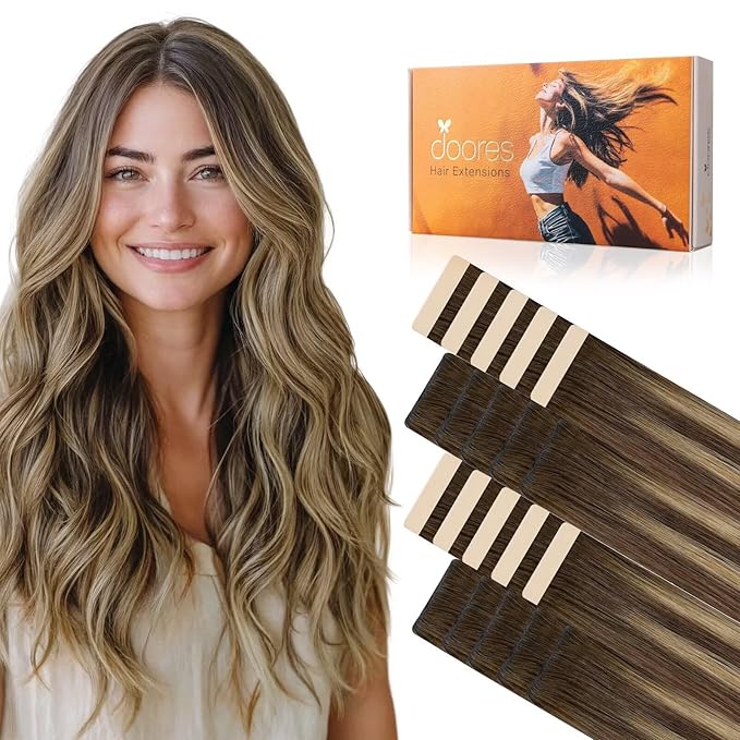 DOORES Invisi Edge Hair Extensions Real Human Hair Tape in, Chocolate Brown to Caramel Blonde 10 Injection Tape-ins with 10 Classic Tape-ins 50g 18 Inch, Injected Tape in Extensions