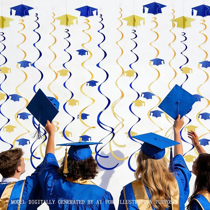 24Pcs Royal Blue Gold Graduation Grad Cap Hanging Felt Swirl Streamer Spiral - Image 5