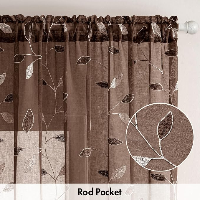 MIULEE Chocolate Brown Sheer Curtains 2 Panels Leaf Patterned, W52 x L84 | - Image 6