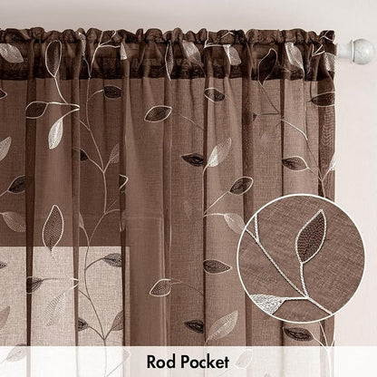 MIULEE Chocolate Brown Sheer Curtains 2 Panels Leaf Patterned, W52 x L63 | - Image 6