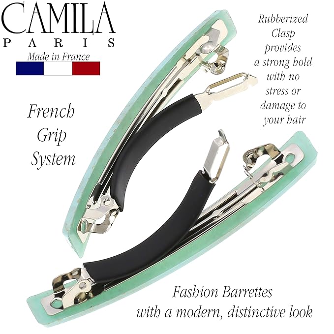 Camila Paris CP3072 French Hair Barrette Clip for Girls, Set of 2 Mint Rubberized Metal Clasp Strong Hold Grip Hair Clips for Women, No Slip Durable Styling Girls Hair Accessories, Made in France