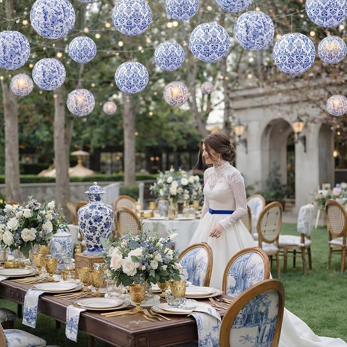 12 Pcs Chinoiserie Party Decor Blue White Porcelain Paper Lantern | 10" - Image 5