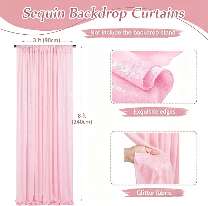 Pink Sequin Backdrop Curtains-2 Panels 3FTx8FT Light Pink Backdrop - Image 3