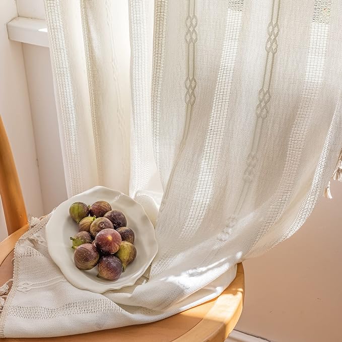ENJOYBRIDAL Off White Curtains 63 Inch Length 2 Panels Boho Semi Sheer Drapes by ENJOYBRIDAL
