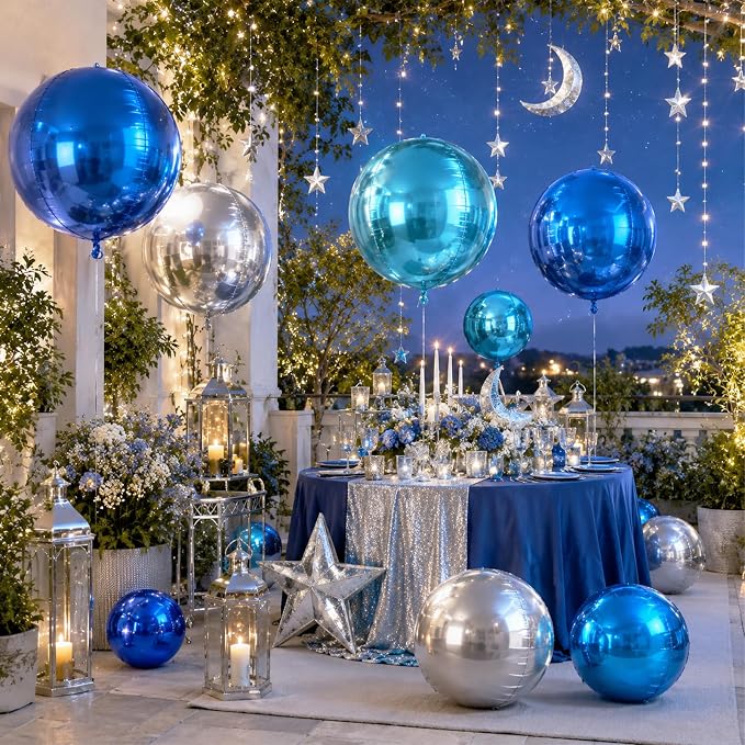 15 Pcs Blue and Silver Round Foil Balloons, 22/15/10 Inch 4D Ball Balloons Blue - Image 6