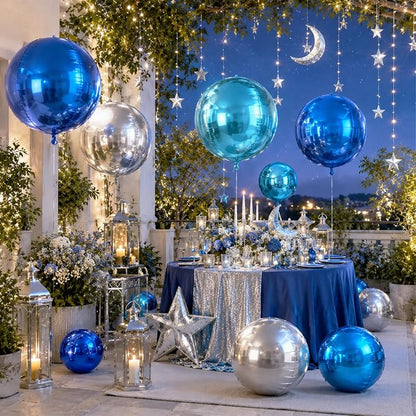 15 Pcs Blue and Silver Round Foil Balloons, 22/15/10 Inch 4D Ball Balloons Blue - Image 6