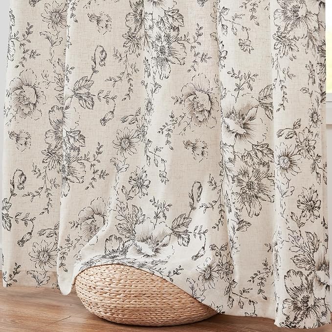 jinchan Black Floral Linen Curtains Lined 63 Inch Vintage Back Tab 2 Panels | - Image 8