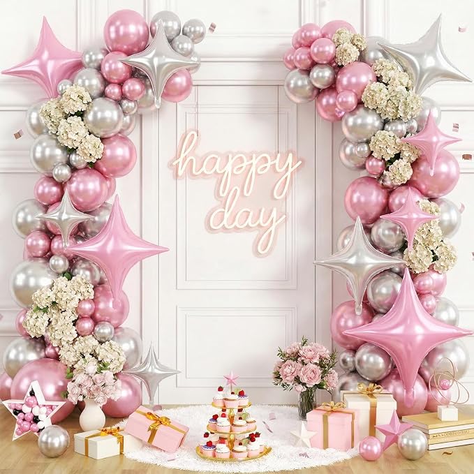 Pink Silver Star Balloons, 26 Inch and 10 Inch Silver Stars Shaped Balloon - Image 4