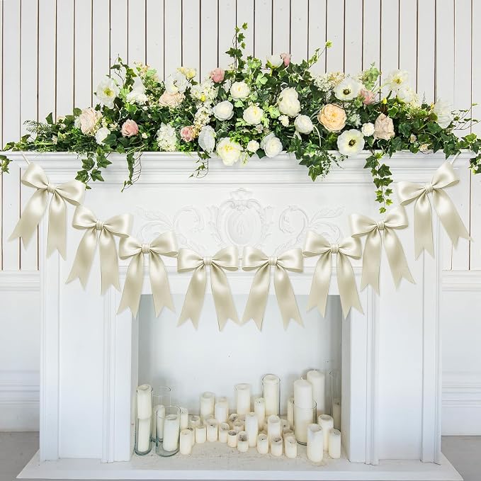 1 String of 8PCS Ivory White Bow Garland Banner Decoration, Pre-Strung Satin - Image 7