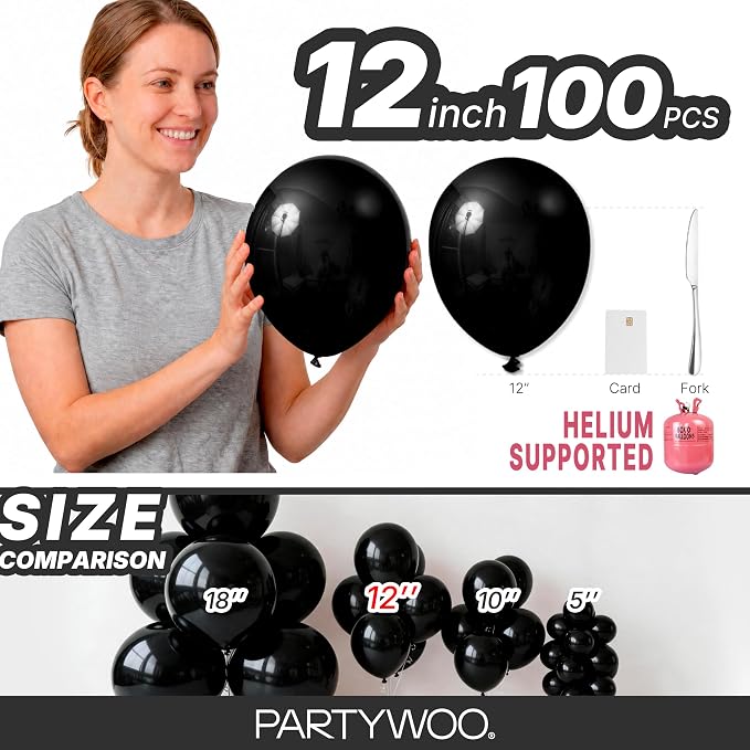 PartyWoo Black Balloons 100pcs Matte Latex Helium Balloons 12 Inch | Baby - Image 6
