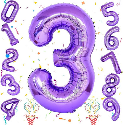 3rd Birthday Number Balloons for Kids, Self Inflating 40 Inch Purple Foil - Image 2