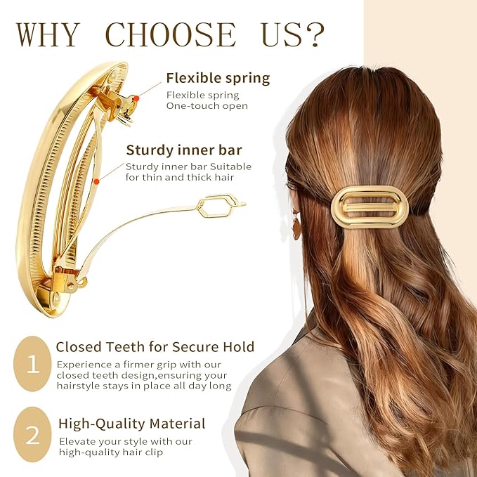 2 PCS Metal Hair Clips for Women, Vintage Gold French Barrette Clip, Stylish Durable & Elegant Metal Hair Clips, Silver Hair Barrettes for Thin Thick Hair, Retro Hair Accessories Christmas Gift