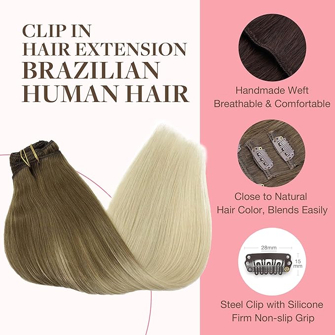 GOO GOO Clip in Hair Extensions Real Human Hair, Remy Human Hair Extensions Clip ins for Women, Natural Human Hair, 16inch 120g 7Pcs, 9/60 Balayage Ash Brown to Platinum Blonde