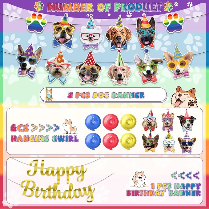 Dog Themed Birthday Party Decorations, Dog Face Hanging Swirls Banner - Image 2