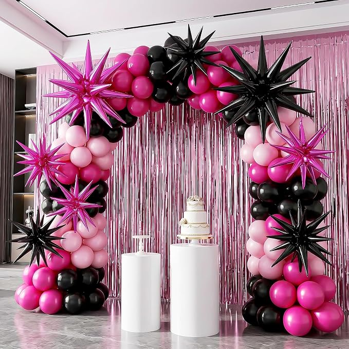 9Pcs Hot Pink and Black Star Balloons, Large Explosion Foil Balloons, Metallic - Image 7