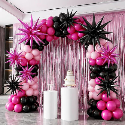 9Pcs Hot Pink and Black Star Balloons, Large Explosion Foil Balloons, Metallic - Image 7