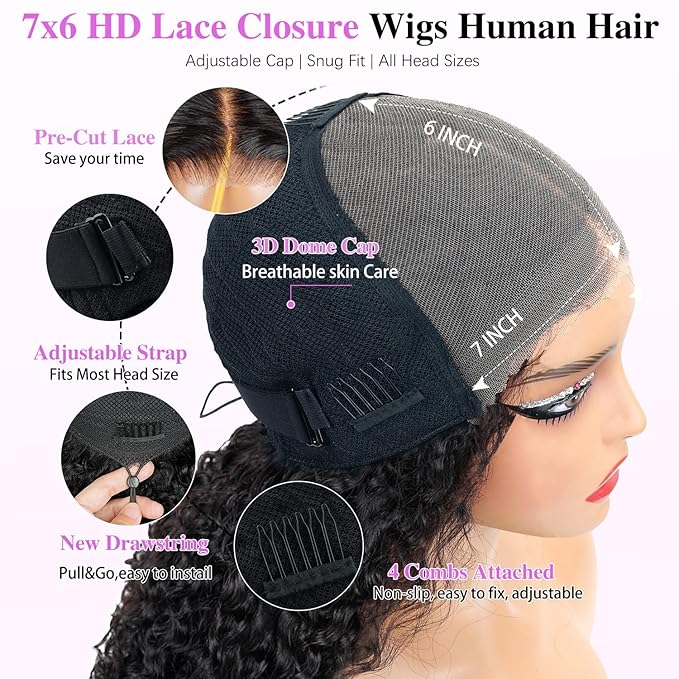 7x6 Burmese Curly Glueless Wigs Human Hair Pre Plucked Pre Cut 250% Density Drawstring Wig for Black Women 7x6 HD Lace Front Wigs Human Hair Glueless Wear and Go Nautural Color 16 Inch
