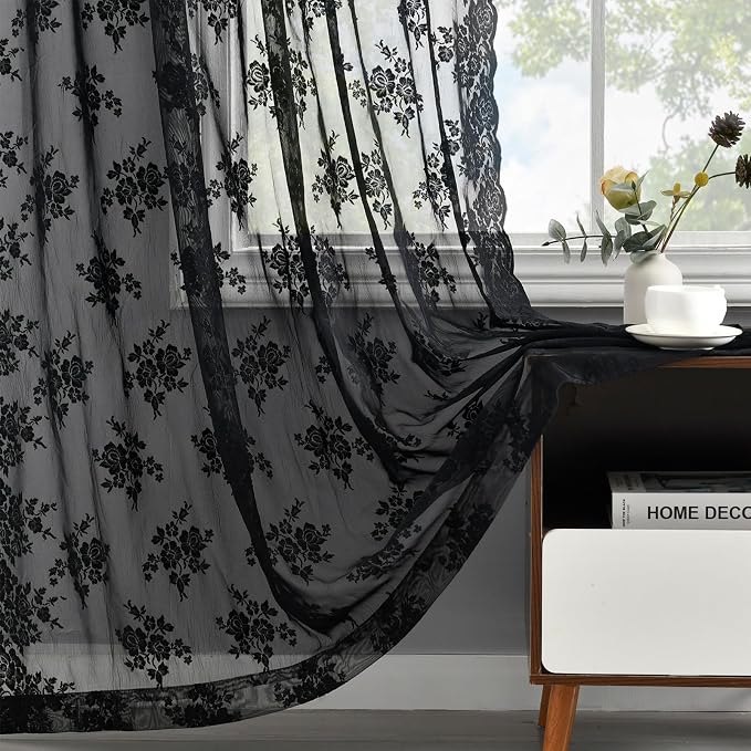Kotile Black Lace Curtains for Bedroom Rustic Floral 42 x 72 Inch, 2 Panels | - Image 6