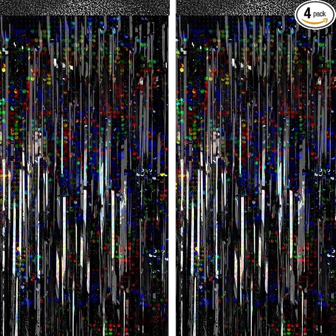 4 Packs Black Foil Fringe Curtain, Glitter Metallic Tinsel Backdrop by BSRESIN