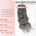 KooKaStyle Clip in Synthetic Hair Extensions Long Wavy 4PCS Thick Hairpieces Grey Sliver Mixed Fiber Double Weft Natural Hair Extensions 24 Inch for Women