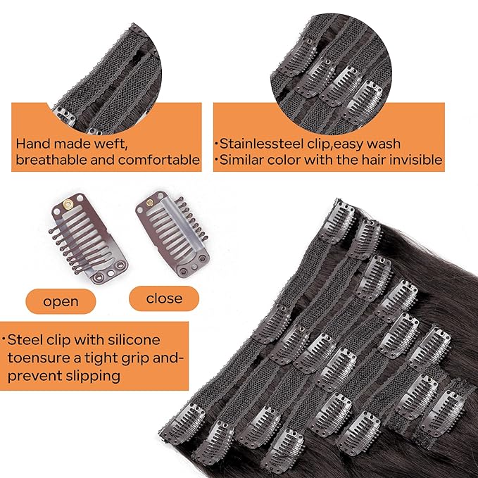 Straight Clip In Hair Extensions Real Human Hair 8Pcs Clip In Dark Brown Human Hair Extensions with 18Clips Lace Weft 120g 14inch