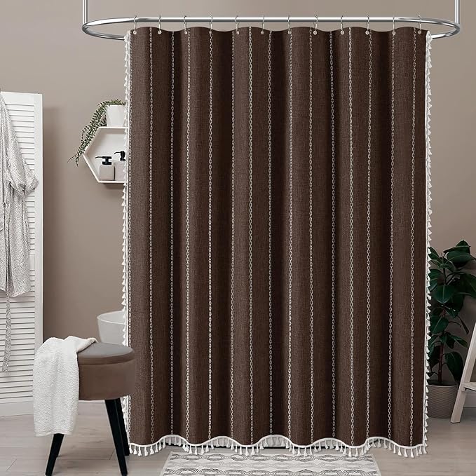 Brown Boho Farmhouse Linen Heavy Duty Cloth Shower Curtain Set, 72x72 | 330GSM - Image 2
