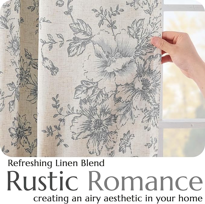 jinchan Grey Floral Linen Blackout Curtains Lined 90 Inch Back Tab 2 Panels | - Image 4