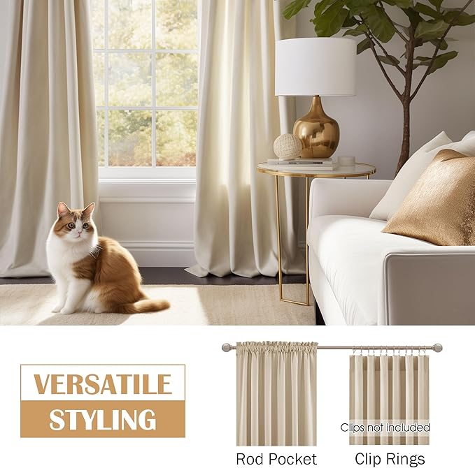 Beauoop Beige Velvet Curtains for Bedroom Living Room 52x108 2 Panels | Soft - Image 2