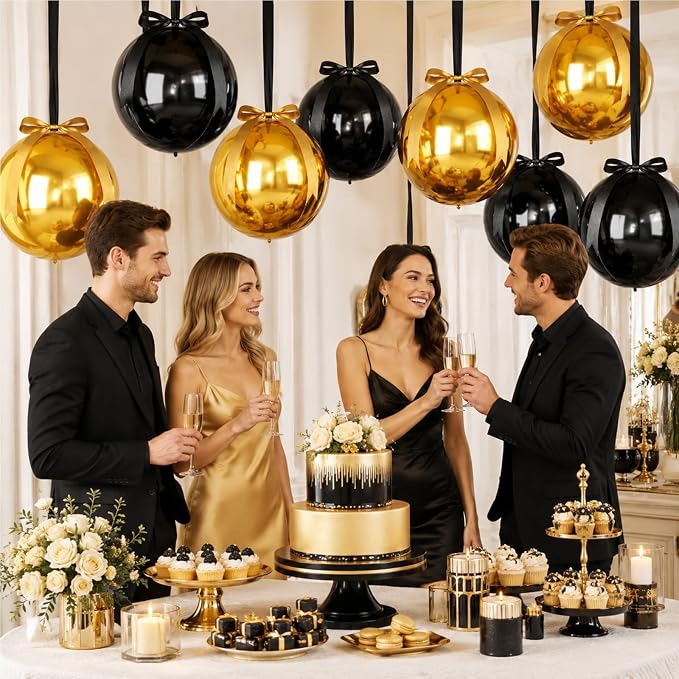 Black and Gold Round Foil Balloons - Image 7