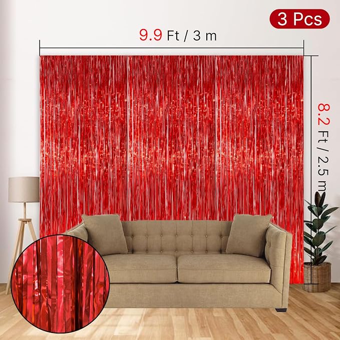 PartyWoo Red Tinsel Streamers 8.2FT 3pcs Fringe Curtain Backdrop | Red Tinsel - Image 4