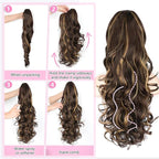 ALXNAN Ponytail Extension,24 Inch Claw Clip in Long Curly Wavy Dark Brown with Golden Blonde Ponytail Hair Extension Jaw Clip on Pony Tails Hairpiece for Women