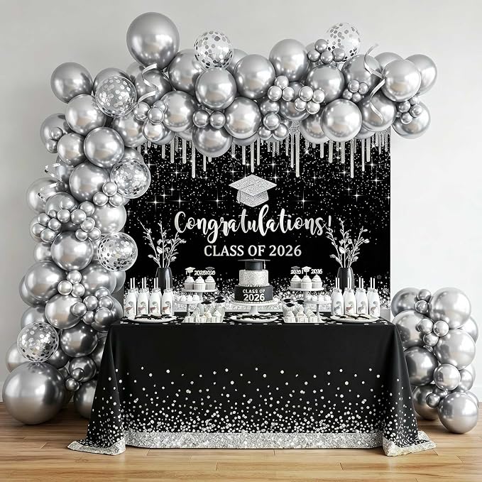 Mocsicka 7x5ft Class of 2025 Graduation Backdrop Black and Sliver Glitter 2026 - Image 4