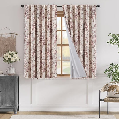 jinchan Red Floral Linen Blackout Curtains Lined 63 Inch Back Tab 2 Panels | by JINCHAN