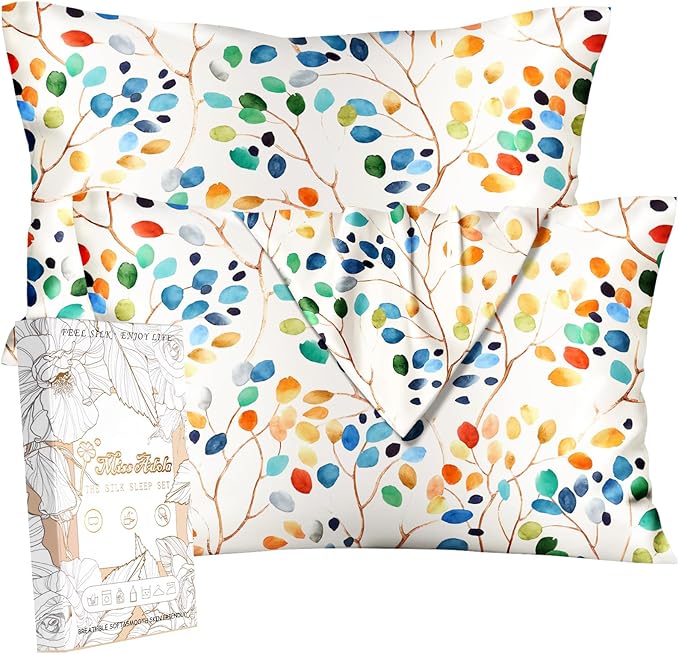 2 Pack Mulberry Silk Pillowcase for Hair and Skin - Standard Size 20 x 26 Inches with Hidden Zipper Colorful Leaf 19 Momme Soft Sleeping Silk Pillow Case for Women, Moms