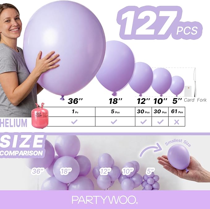 PartyWoo Lavender Balloons 127pcs Light Pastel Purple Lilac Color | 36 18 12 10 - Image 6