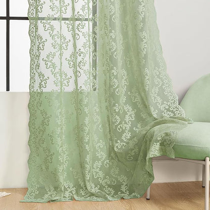 Sage Green Lace Curtains 84 Inches Long 2 Panels Country Vintage Sheer Lace by FOLKSIDEHomeDecoration