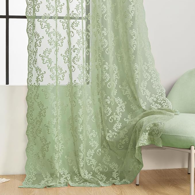 FOLKSIDE Sage Green Lace Curtains 96 Inches Long 2 Panels Country Vintage Sheer - Image 5