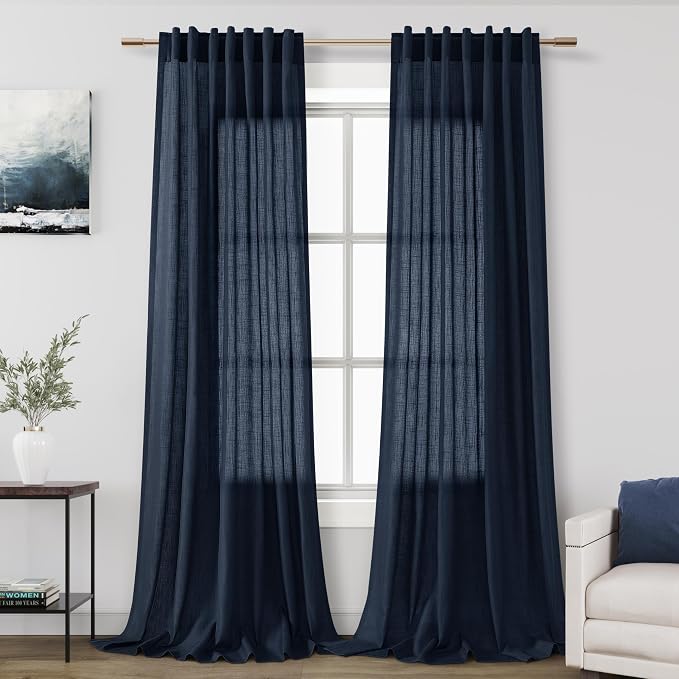 Linen Navy Blue Curtains 120 inch Extra Long by Nanspring
