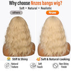 Nnzes Short Wavy Bob Wig with Bangs for Women Shoulder Length Curly Soft Ash Blonde Synthetic Heat-Resistant Fiber Hair for Daily & Party Use