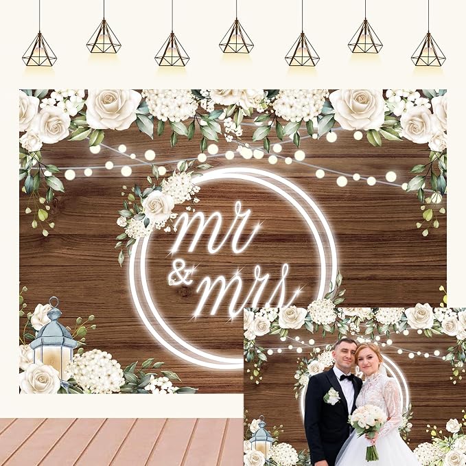 Mr and Mrs Wedding Backdrop Decorations 8x6Ft | White Rose Floral Wooden by Retyshiaphoto