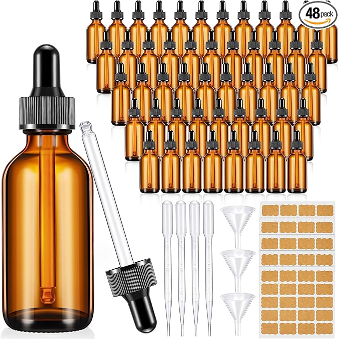 Lallisa 48 Pcs Glass Dropper Bottles with Eye Dropper Dispensers Lab Dropping Bottles with 4 Pcs Long Pipettes 4 Funnel and 80 Label for Travel Cuticle Massage Essential Oils Perfume (Amber,2 oz)
