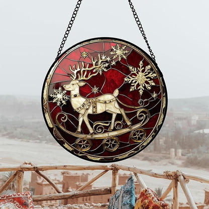 DASTOLL Stained Glass Window Hanging 4 Pcs Set Red Christmas Elk Snowflakes - Image 3