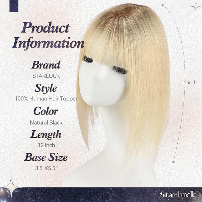 starluck Human Hair Toppers for Women Real Human Hair With Bangs 4 * 5.5 inch Base 12 inch SilkHug Topper for Women with Thinning Hair Cover Grey Roots(Ombre Light Blonde)