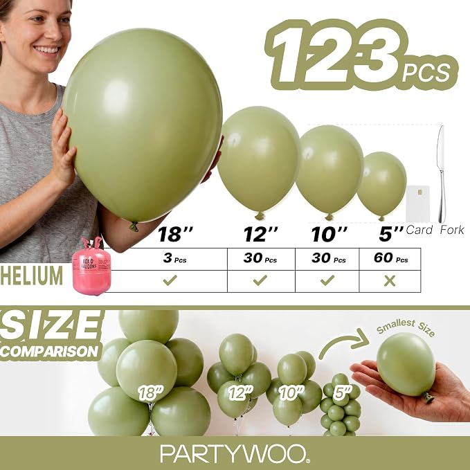 PartyWoo Sage Green Balloons 123pcs Olive Boho Green Color 18 12 10 5 Inch | 18 - Image 6