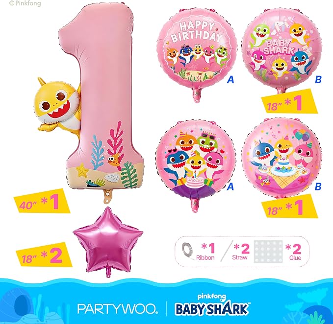 PartyWoo Baby Shark Pink Foil Round Star Mylar Number 1 Balloons 5pcs | Balloons - Image 2