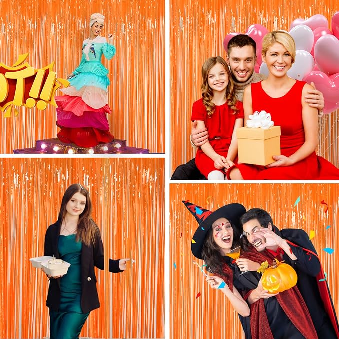JINSUI Orange Fringe Backdrop 3.3x8.2ft, 2 Pack Foil Tinsel Curtains Decor | - Image 4