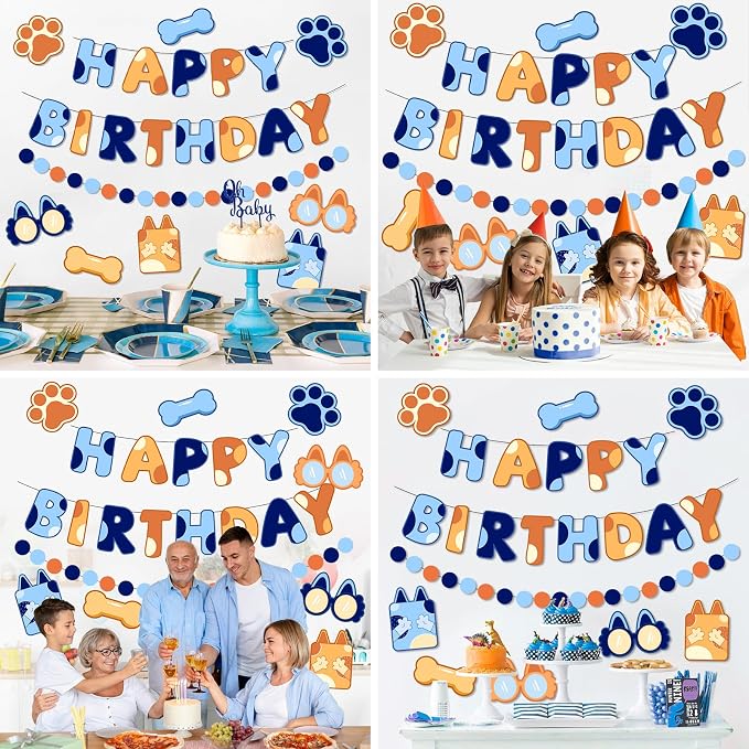 Pre-Strung Happy Birthday Banner, NO DIY Party Decor | Blue Dog Themed Birthday - Image 7