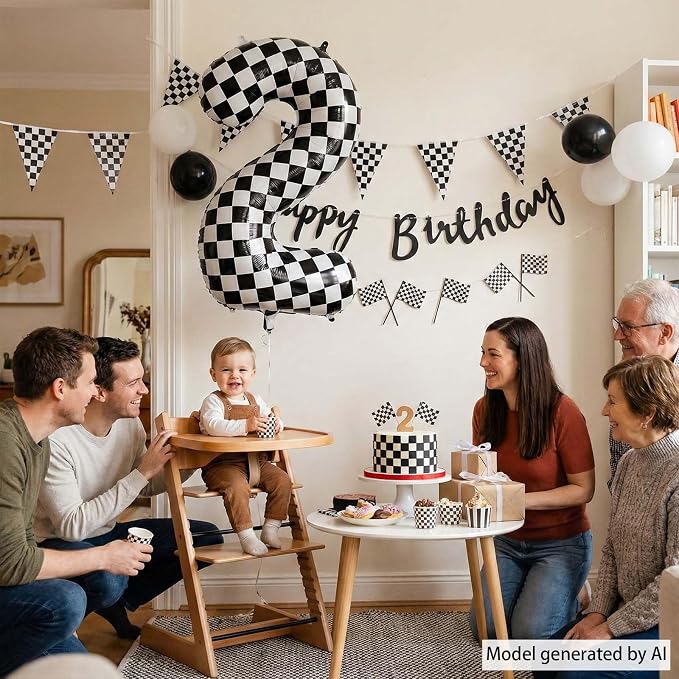 40 Inch Checkered Number 2 Balloon, Large Black and White Foil Number Balloon - Image 2